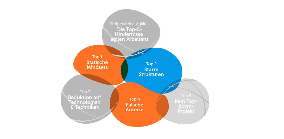 Top-5-Hindernisse agilen Arbeitens: statische Mindsets, starre Strukturen, Reduktion auf Technologien und Techniken, falsche Anreize, kein Top-down-Projekt