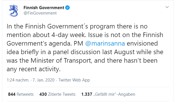 In the Finnish Government´s program there is no mention about 4-day week.