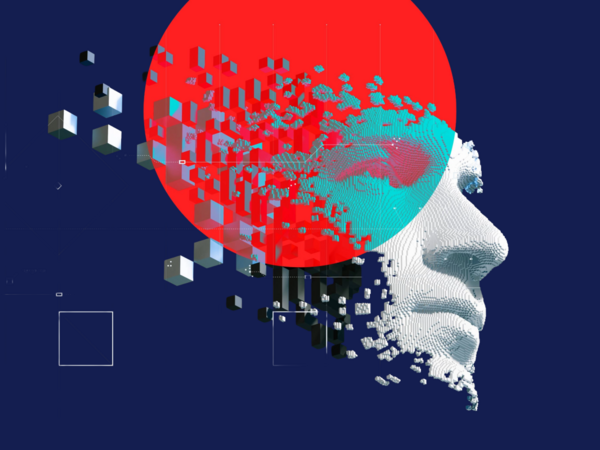 Header Image KI in HR Artificial Intelligence Head KI mit abstrakten Mustern und Symbolen der über die Zukunft von HR nachdenkt
