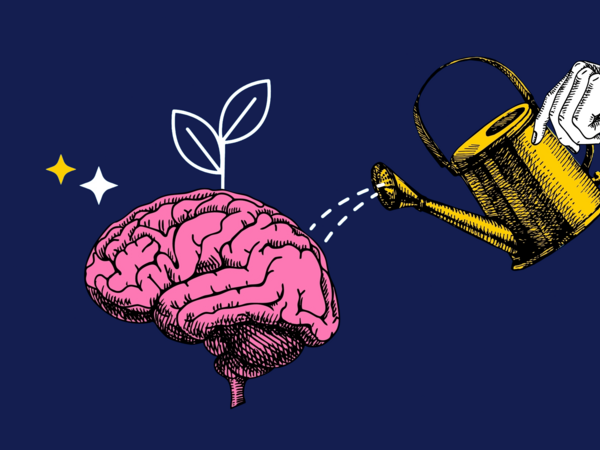 A pink brain with a watering can nurturing a green plant on a dark blue background.