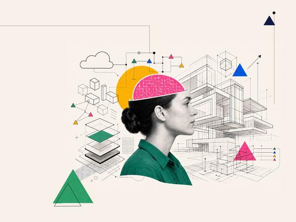Profile of a woman with a colorful brain illustration and geometric shapes in the background.