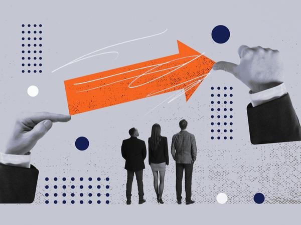 Illustration of business professionals and an upward arrow representing digital transformation, business growth, and employee enablement.