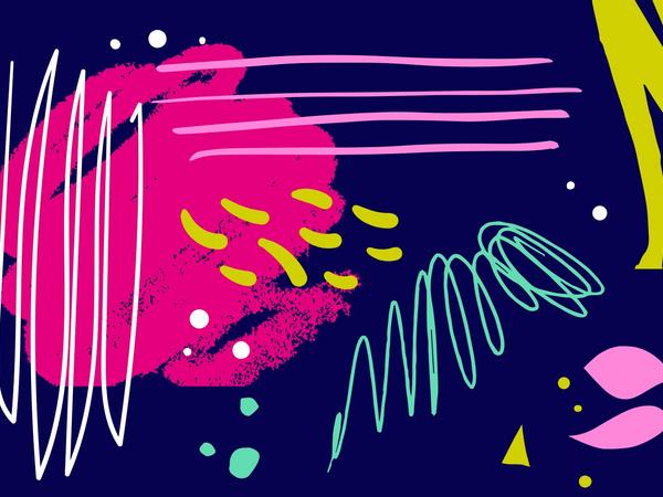 Colorful abstract shapes and lines on a dark background.