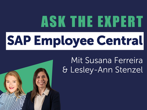 Two women smiling, with text about SAP Employee Central in a dark blue background.