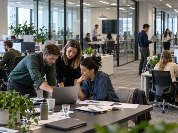 Profesionales trabajando con herramientas digitales e inteligencia artificial mientras colaboran en procesos empresariales interconectados. La imagen representa cómo la adopción de la IA transforma la toma de decisiones, los flujos de trabajo y el modelo operativo de una organización.