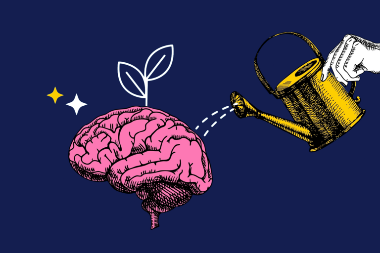 A pink brain with a watering can nurturing a green plant on a dark blue background.