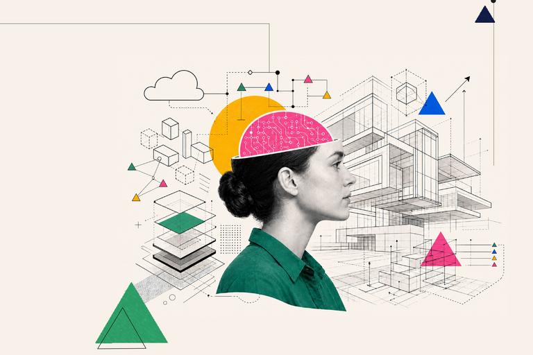 Profile of a woman with a colorful brain illustration and geometric shapes in the background.