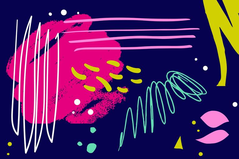 Colorful abstract shapes and lines on a dark background.