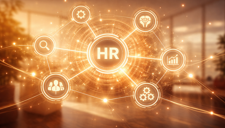 Warm leuchtendes HR-Ökosystem mit vernetzten Symbolen für Personalmanagement, Skills und Analytics – Sinnbild für die Verbindung von Menschlichkeit und KI im HR.