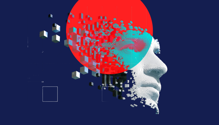 Header Image KI in HR Artificial Intelligence Head KI mit abstrakten Mustern und Symbolen der über die Zukunft von HR nachdenkt