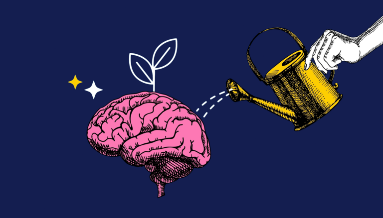 A pink brain with a watering can nurturing a green plant on a dark blue background.