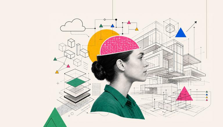 Profile of a woman with a colorful brain illustration and geometric shapes in the background.