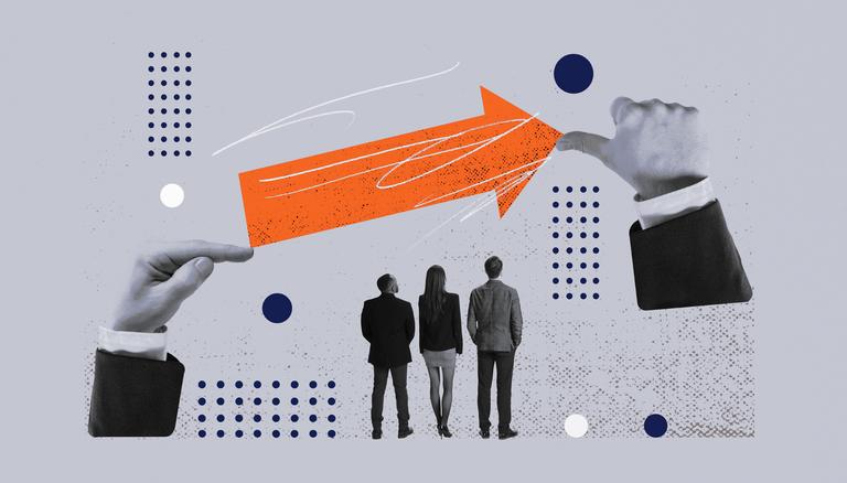 Illustration of business professionals and an upward arrow representing digital transformation, business growth, and employee enablement.