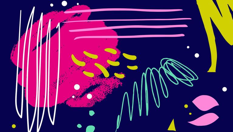 Colorful abstract shapes and lines on a dark background.