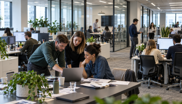 Profesionales trabajando con herramientas digitales e inteligencia artificial mientras colaboran en procesos empresariales interconectados. La imagen representa cómo la adopción de la IA transforma la toma de decisiones, los flujos de trabajo y el modelo operativo de una organización.