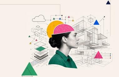 Profile of a woman with a colorful brain illustration and geometric shapes in the background.