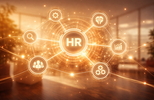 Warm leuchtendes HR-Ökosystem mit vernetzten Symbolen für Personalmanagement, Skills und Analytics – Sinnbild für die Verbindung von Menschlichkeit und KI im HR.