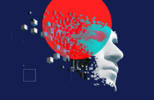 Header Image KI in HR Artificial Intelligence Head KI mit abstrakten Mustern und Symbolen der über die Zukunft von HR nachdenkt