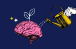 A pink brain with a watering can nurturing a green plant on a dark blue background.