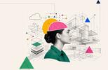 Profile of a woman with a colorful brain illustration and geometric shapes in the background.