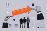 Illustration of business professionals and an upward arrow representing digital transformation, business growth, and employee enablement.