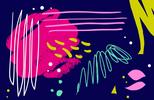 Colorful abstract shapes and lines on a dark background.