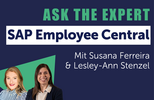 Two women smiling, with text about SAP Employee Central in a dark blue background.