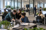 Profesionales trabajando con herramientas digitales e inteligencia artificial mientras colaboran en procesos empresariales interconectados. La imagen representa cómo la adopción de la IA transforma la toma de decisiones, los flujos de trabajo y el modelo operativo de una organización.